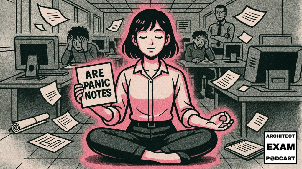 Calm candidate meditates while others stress out in a chaotic testing center, capturing the vibe of NCARB's ARE test day.