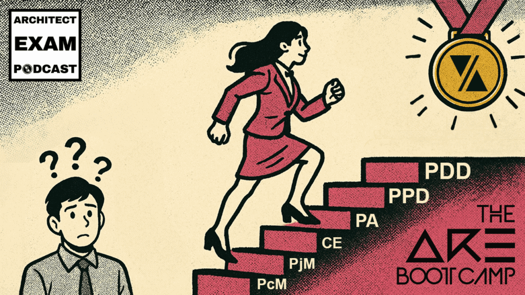 Woman climbs ARE exam steps with confidence as a man hesitates below, showing how ARE Boot Camp is the most effective way to architect exam prep.