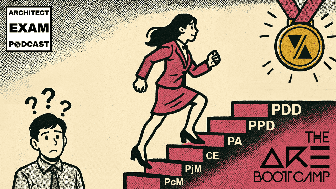 Woman climbs ARE exam steps with confidence as a man hesitates below, showing how ARE Boot Camp is the most effective way to architect exam prep.