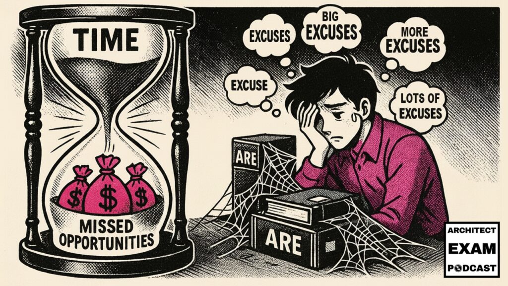ARE candidate surrounded by cobwebs and excuse bubbles, watches time and money slip away in an hourglass labeled missed opportunities due to procrastination.