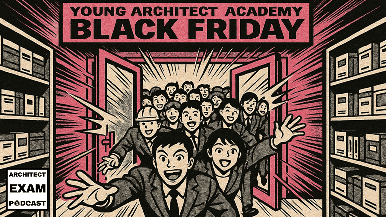 Young Architect Academy Black Friday 2025 sale featuring excited CDT and ARE Candidates rushing toward ARE exam prep and CDT certification deals