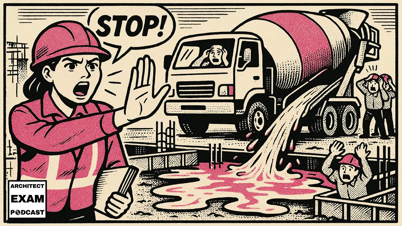 Architect halts a concrete truck mid-pour as workers panic, illustrating a construction error involving cast-in-place concrete placement.