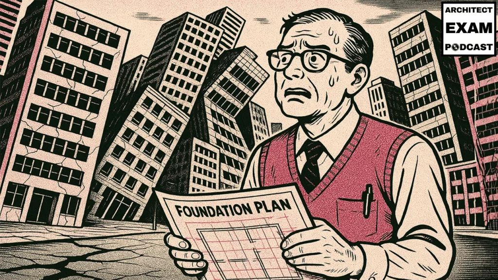 Sweating Engineer holds a foundation plan while cracked buildings tilt around him, highlighting the consequences of poor foundation types.