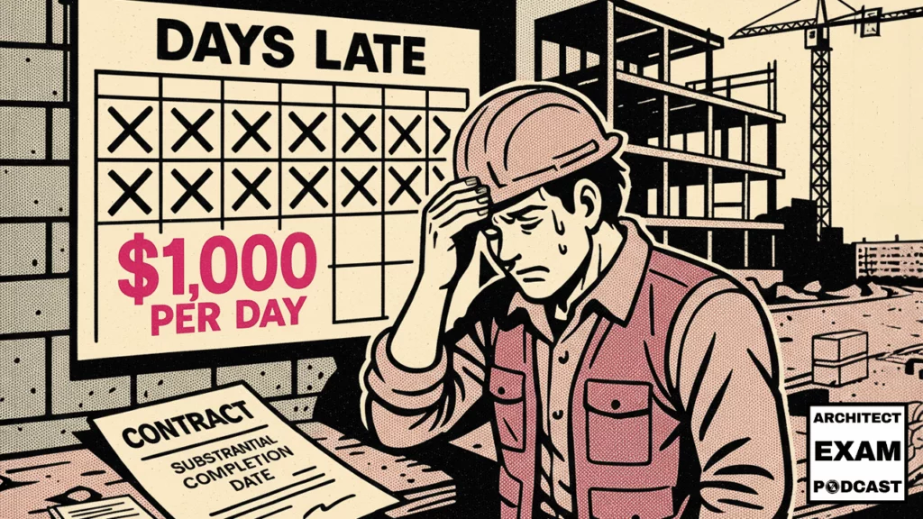 Contractor sweats over delay penalties with a calendar showing days late and $1,000 per day, illustrating liquidated damages in construction.