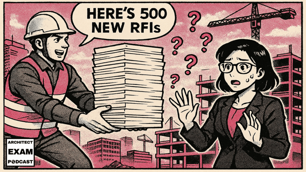 Contractor hands architect a huge stack of documents labeled RFIs, as she reacts with confusion; illustrating what an RFI is in construction.