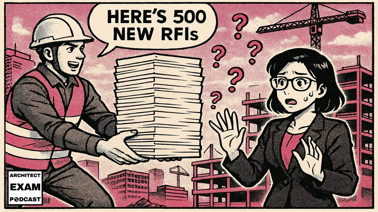 Contractor hands architect a huge stack of documents labeled RFIs, as she reacts with confusion; illustrating what an RFI is in construction.