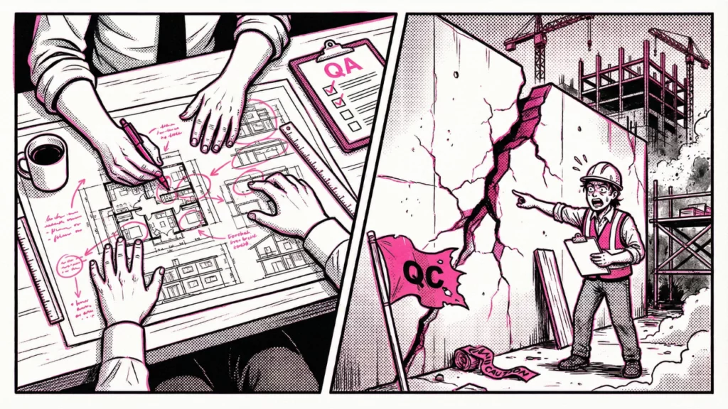 QA vs QC split scene showing architects reviewing drawings with a checklist and a shocked contractor pointing at a cracked concrete wall on site