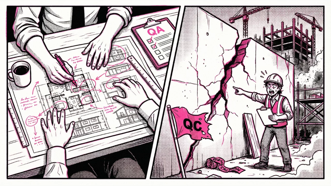 QA vs QC split scene showing architects reviewing drawings with a checklist and a shocked contractor pointing at a cracked concrete wall on site