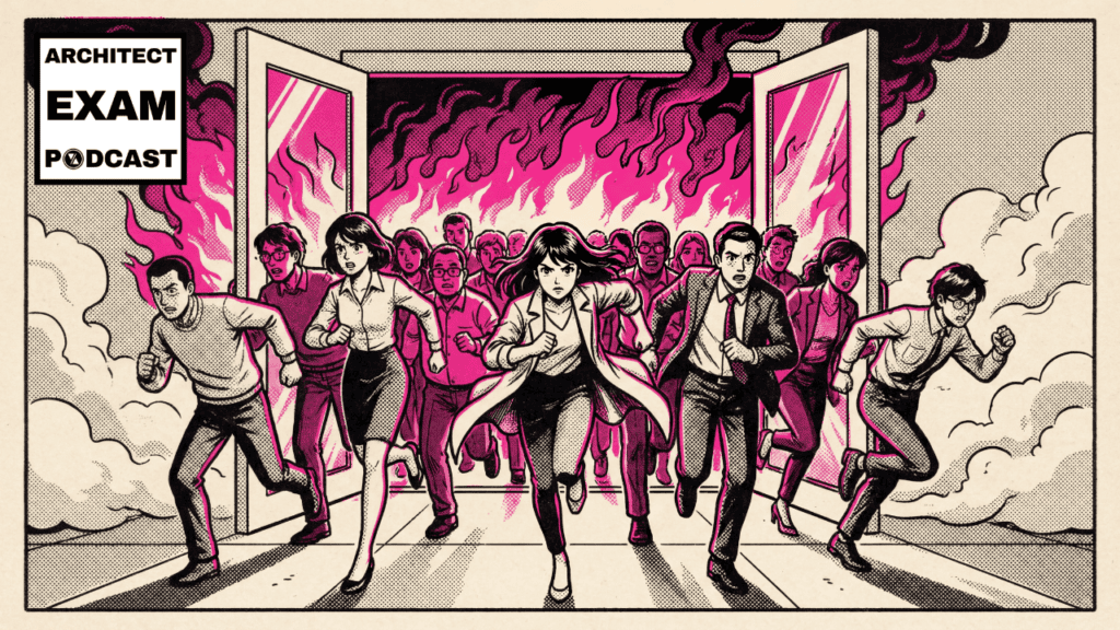 Group of people urgently exiting a burning building through a doorway, illustrating the importance of a clear means of egress during emergencies.