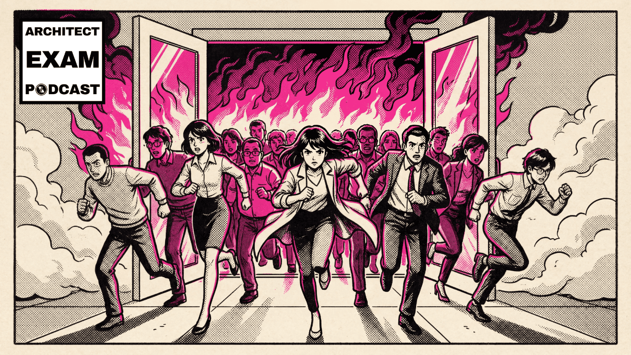 Group of people urgently exiting a burning building through a doorway, illustrating the importance of a clear means of egress during emergencies.