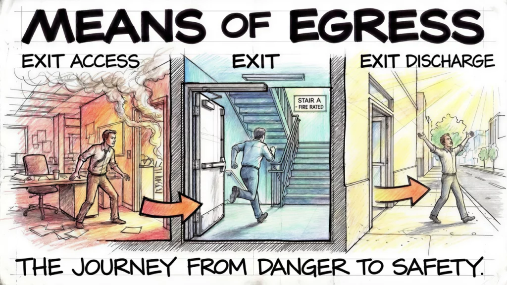 Means of egress journey from exit access through a fire rated stairwell exit to exit discharge at the public way