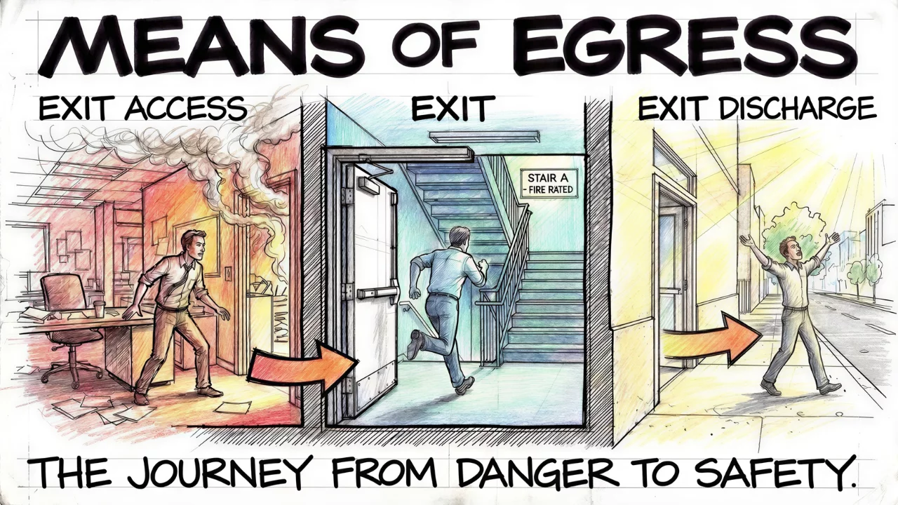 Means of egress journey from exit access through a fire rated stairwell exit to exit discharge at the public way