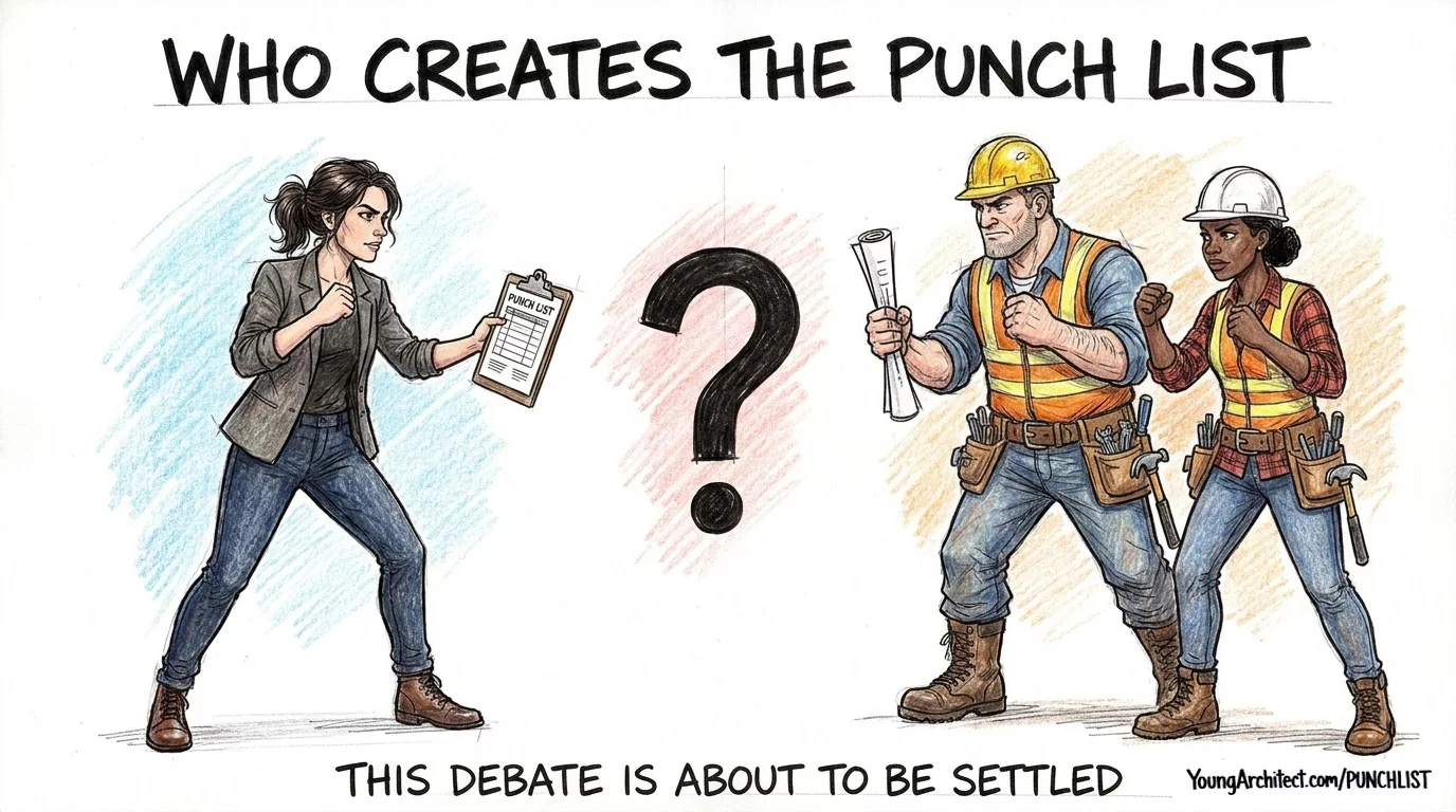 Architect and contractors squaring off over who creates the construction punch list with a question mark between them