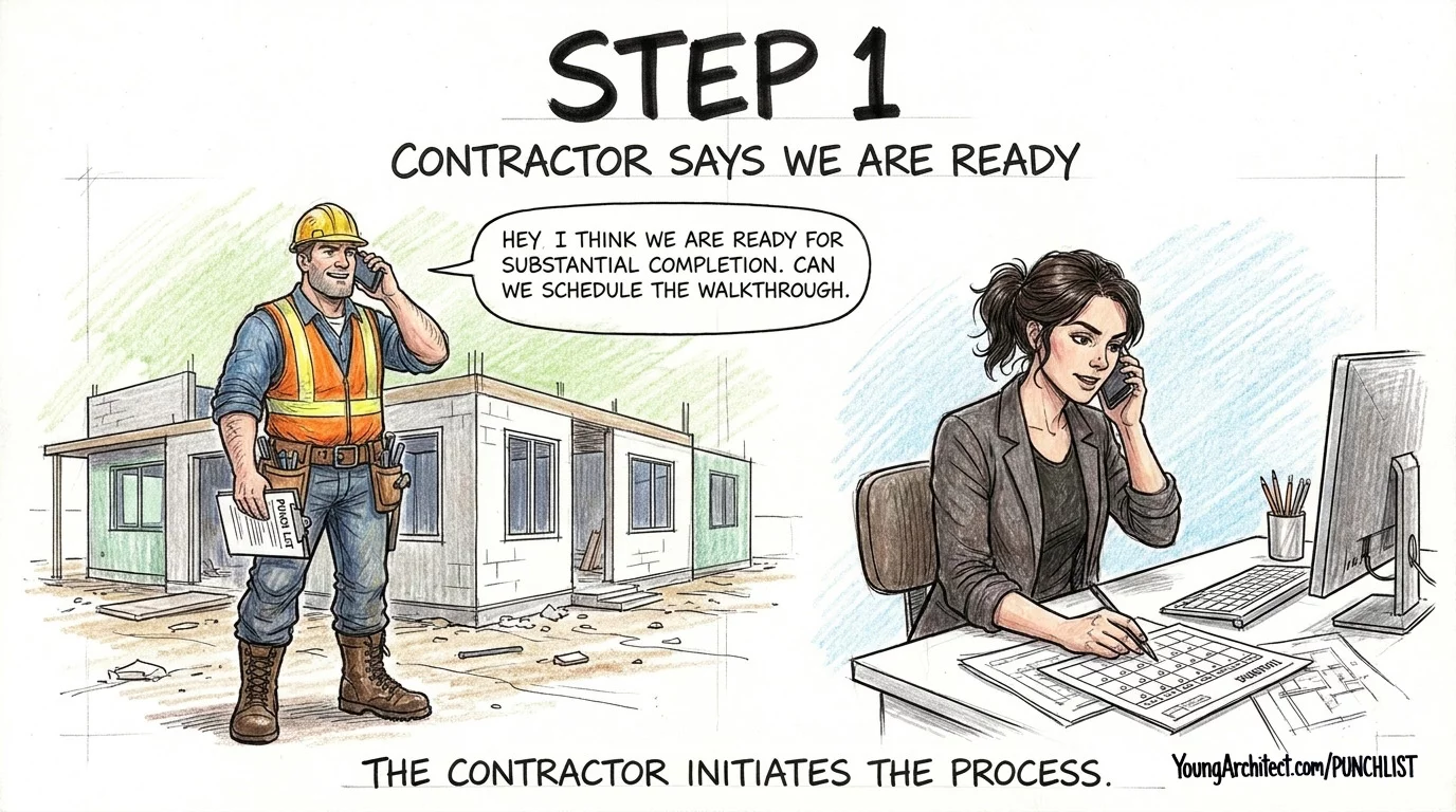 Contractor calling the architect to request a punch list walkthrough with the nearly finished building behind him