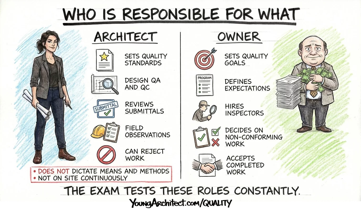 QA QC roles comparing architect and owner quality responsibilities