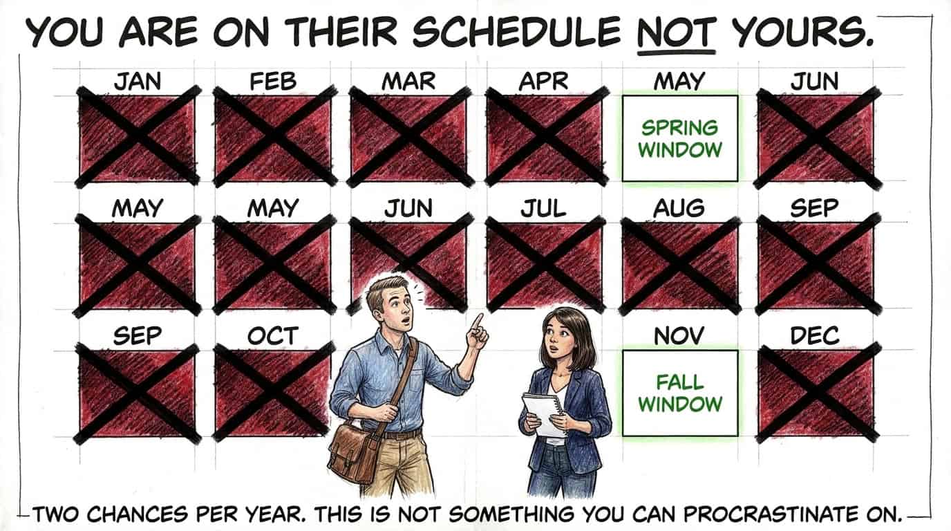 CDT exam calendar showing only two testing windows per year in Spring and Fall with all other months blocked
