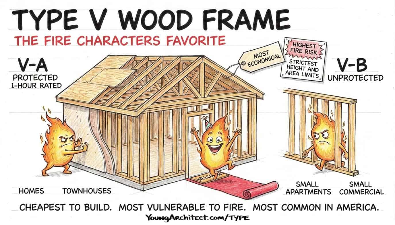 Type V wood frame construction with V-A protected and V-B unprotected subtypes labeled as fire's favorite