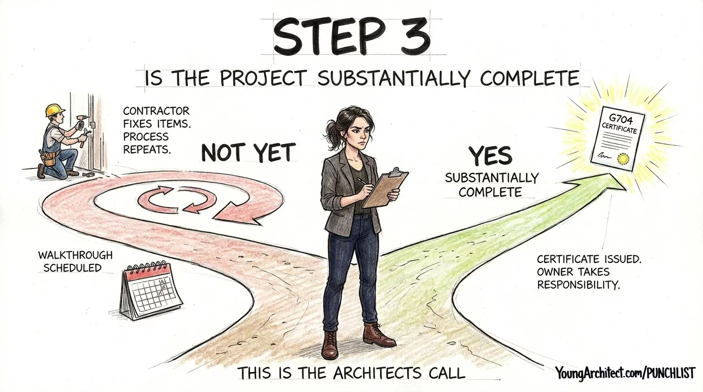 Architect at a crossroads deciding if the project is substantially complete with two paths showing yes or not yet