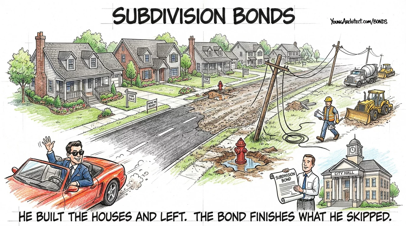 Developer drives away from a neighborhood with unfinished roads while the city uses the subdivision bond