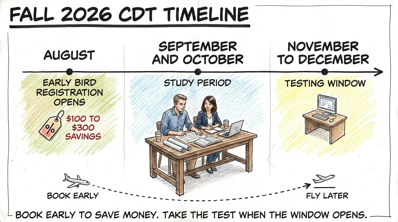 Fall 2026 CDT timeline from August early bird registration through November testing window
