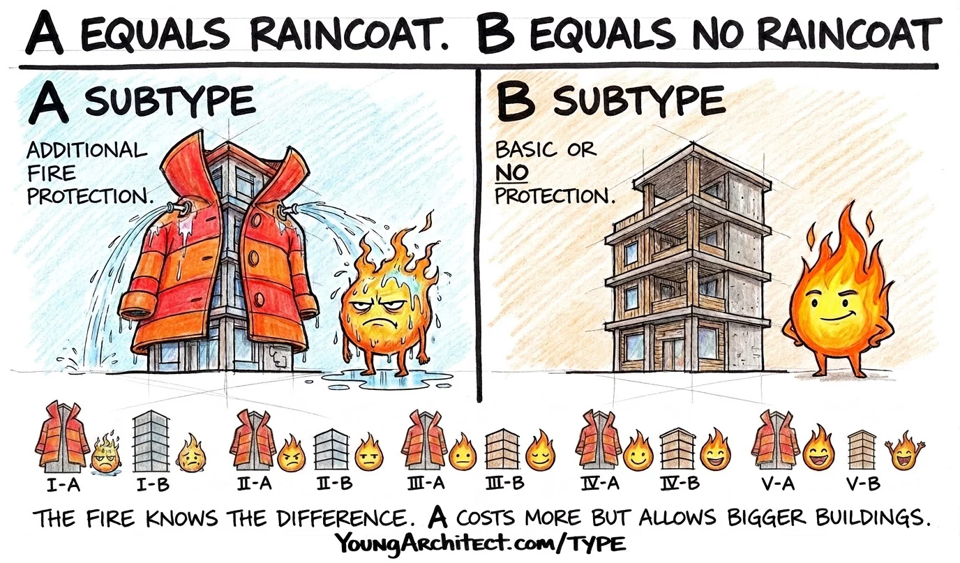 Type A vs Type B construction subtypes compared using raincoat analogy with all A and B variations listed