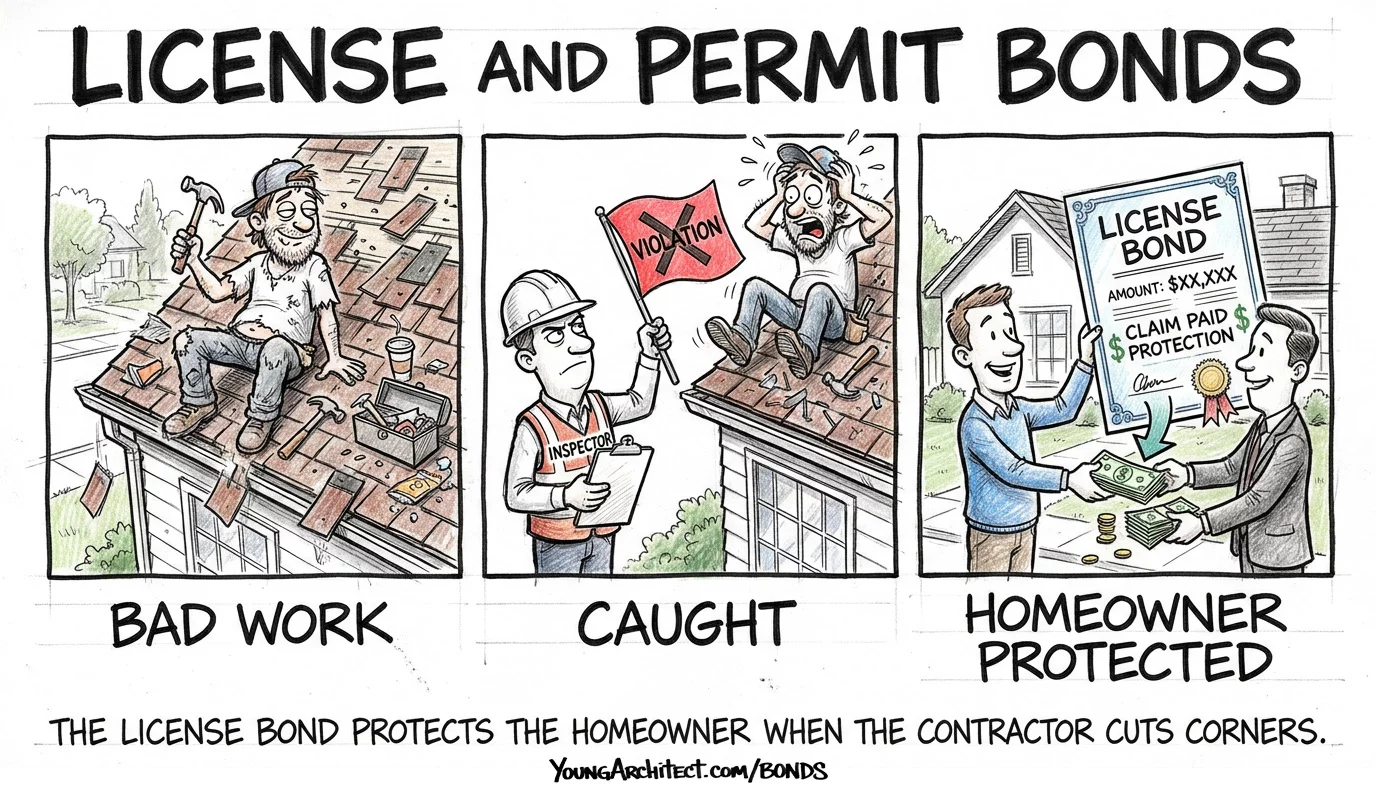 Roofer does bad work, inspector catches the violation, and the license bond compensates the homeowner