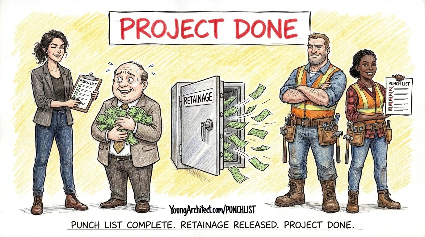 Completed punch list with retainage vault opening and money releasing as architect contractor and owner celebrate