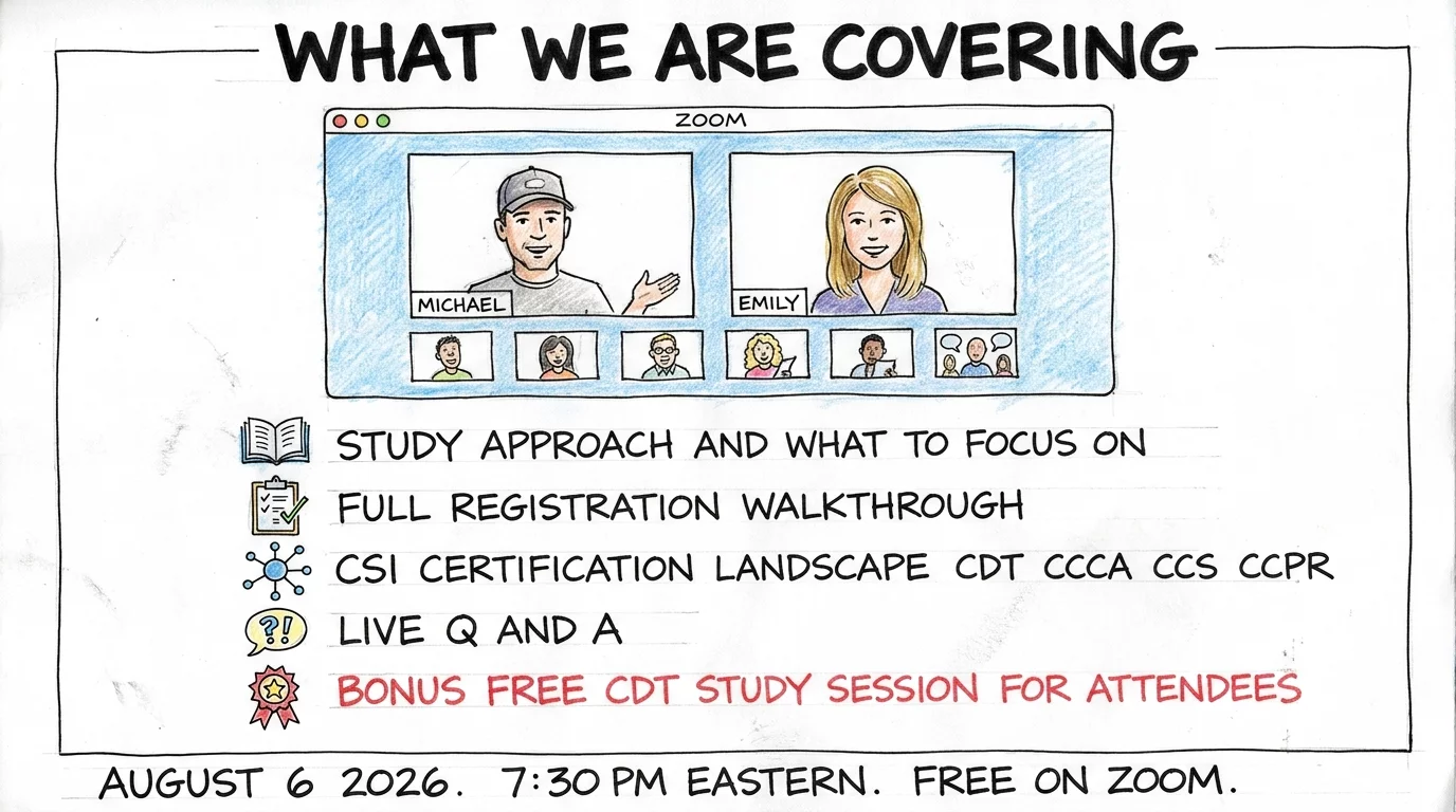 Michael and Emily on Zoom presenting the CDT webinar agenda with study tips and live Q and A