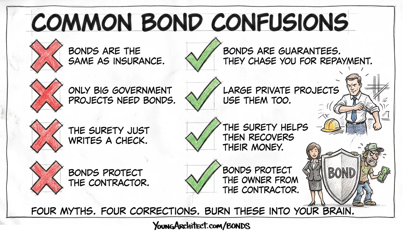 Four construction bond myths crossed out with corrections showing bonds protect the owner not the contractor