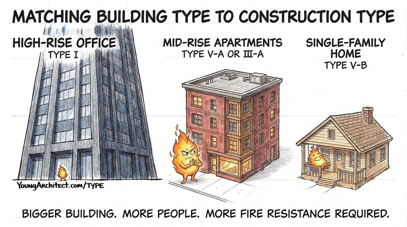 Construction types matched to real buildings: high-rise office as Type I, mid-rise as Type III-A, home as Type V-B
