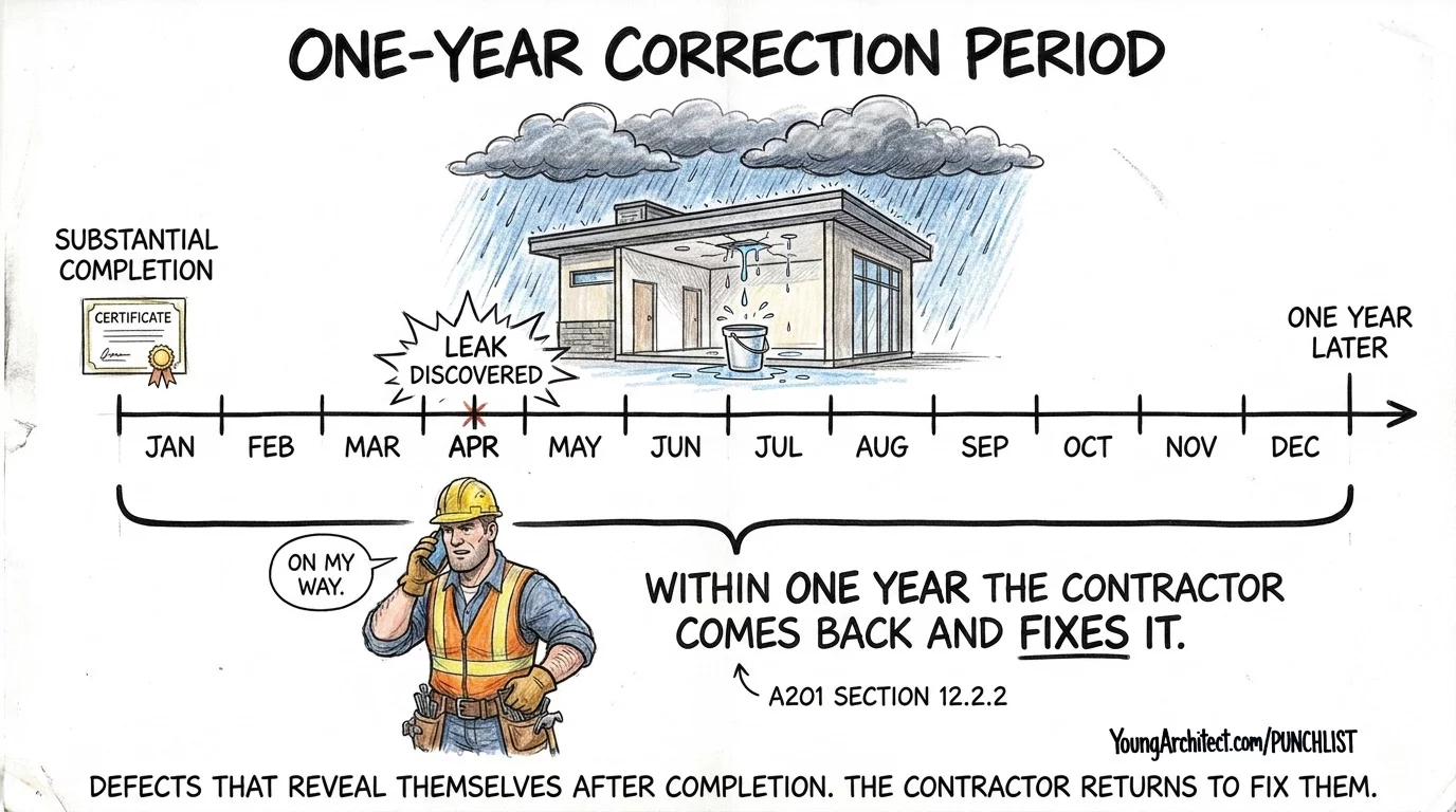 Calendar timeline showing a roof leak discovered four months after substantial completion with contractor returning to fix it