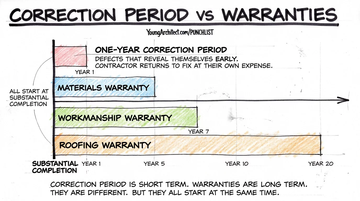 Timeline comparing the one-year correction period to longer materials workmanship and roofing warranties