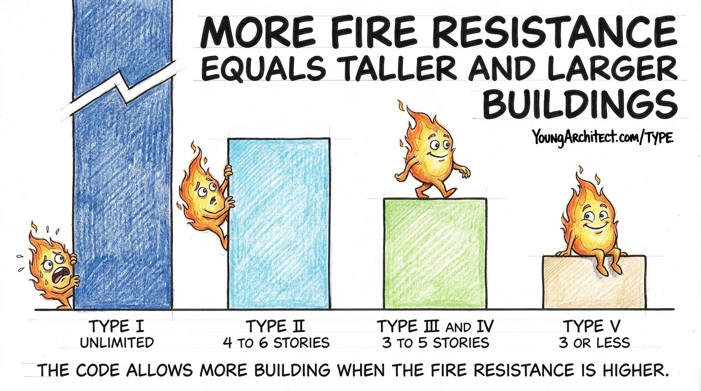 Construction type height limits bar chart from Type I unlimited to Type V three stories with fire climbing the bars