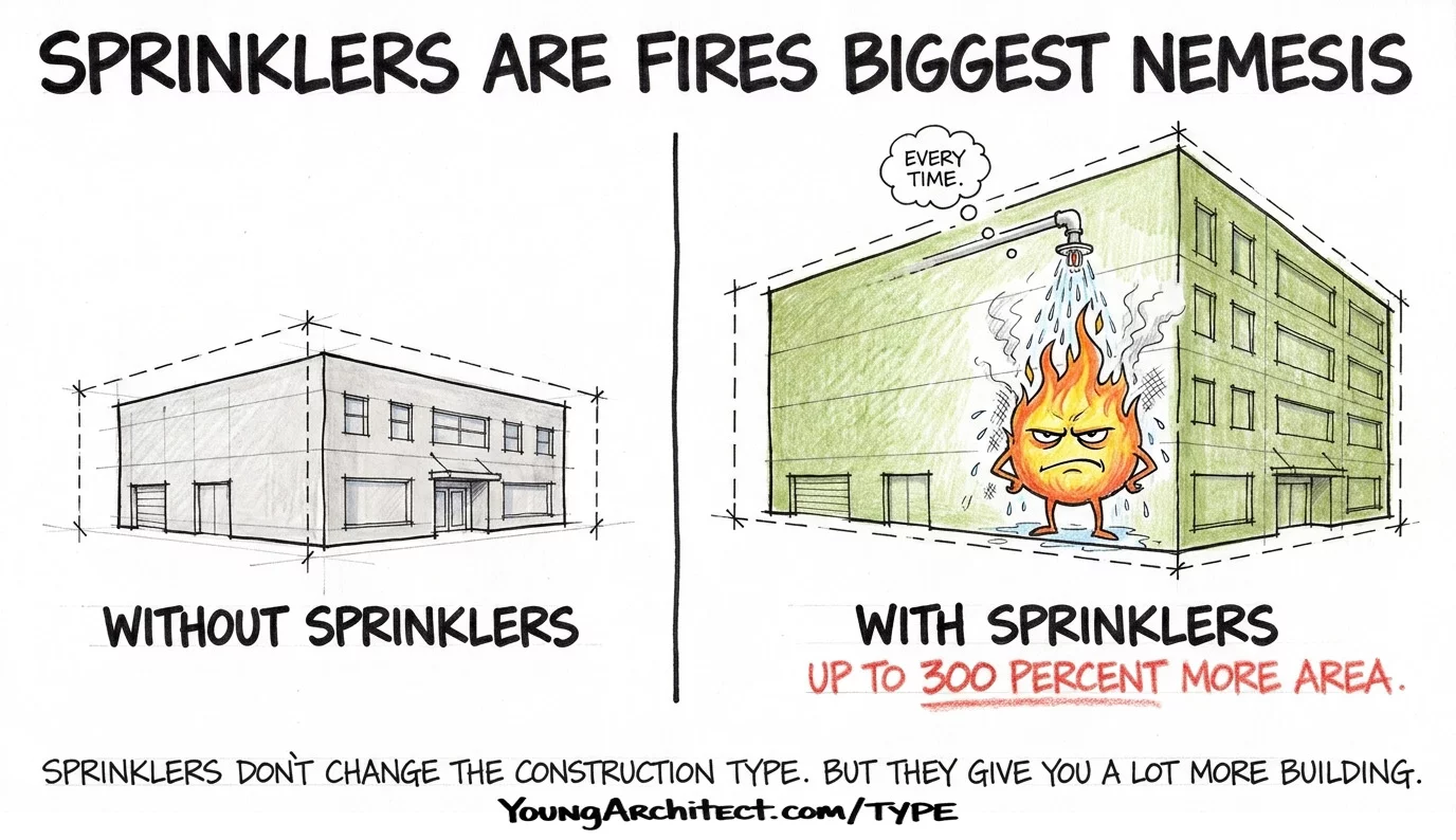 Sprinkler area increase comparison showing building size before and after with up to 300 percent more area
