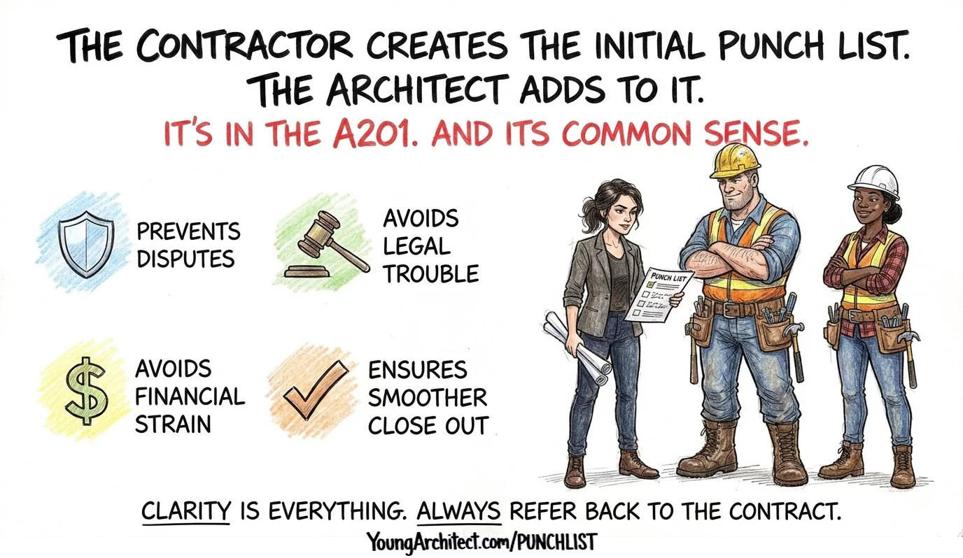 Contractor and architect standing together with a punch list showing the debate is settled and clarity prevents disputes