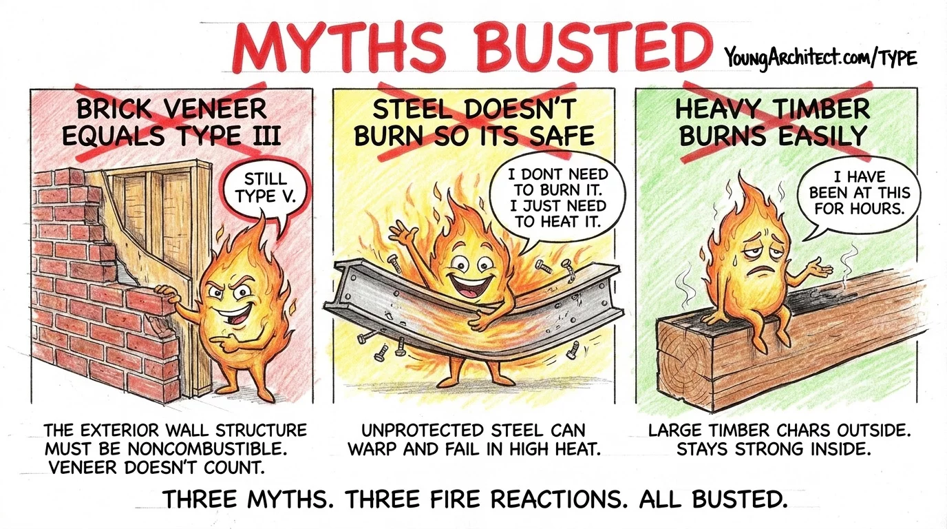 Construction type myths busted: brick veneer is still Type V, steel warps in heat, and heavy timber chars but stands