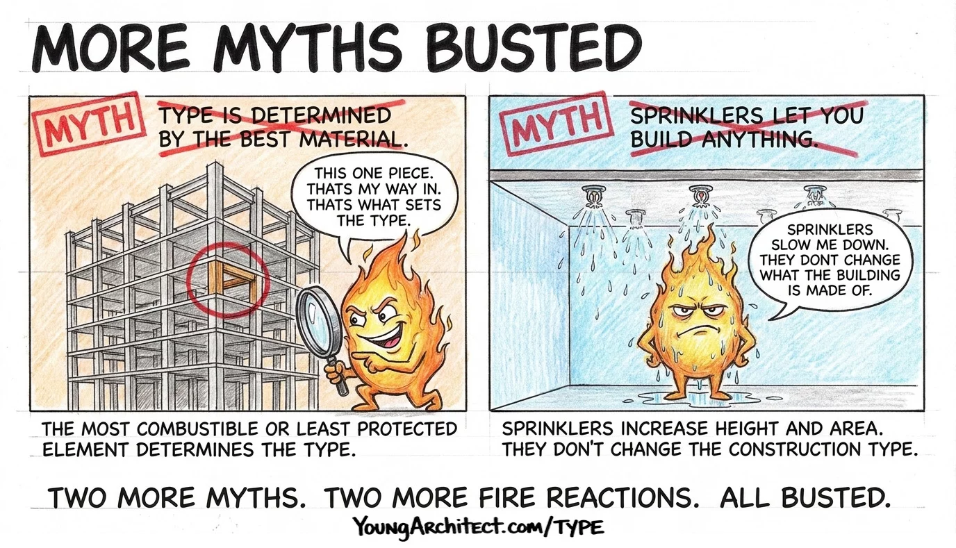 Construction type myths continued: weakest material determines the type and sprinklers increase area but not the type