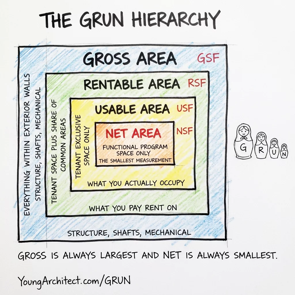 Sketch showing the GRUN hierarchy of building area measurements with gross area as the largest layer containing rentable area, usable area, and net area nested inside like Russian nesting dolls.