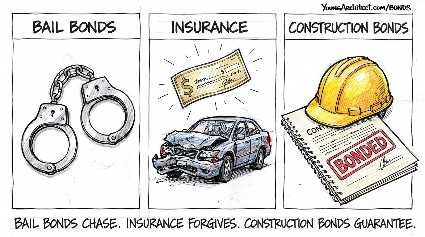 Bail bonds use handcuffs, insurance pays after a car crash, and construction bonds guarantee the work