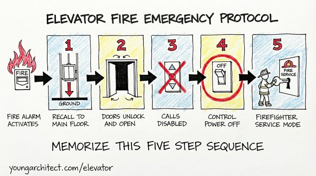 Sketch showing the five step elevator fire emergency protocol from fire alarm activation through recall, door unlock, call disable, power off, and firefighter service mode.
