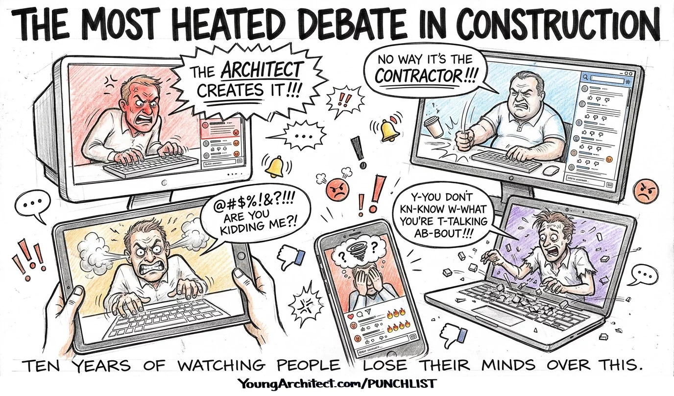 People arguing online about who creates the punch list with one side saying architect and the other saying contractor