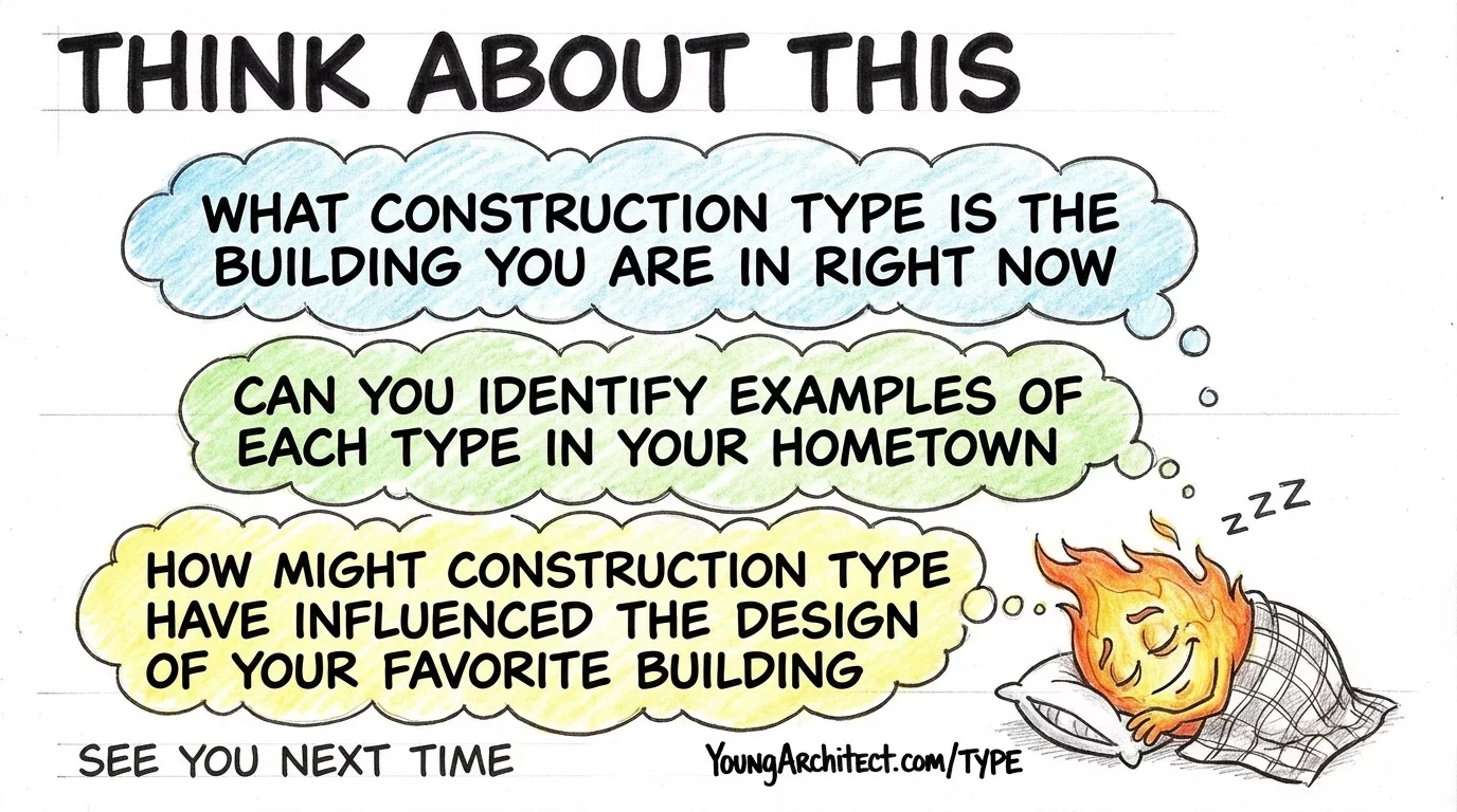 Construction type engagement questions in thought bubbles with fire character sleeping after the episode