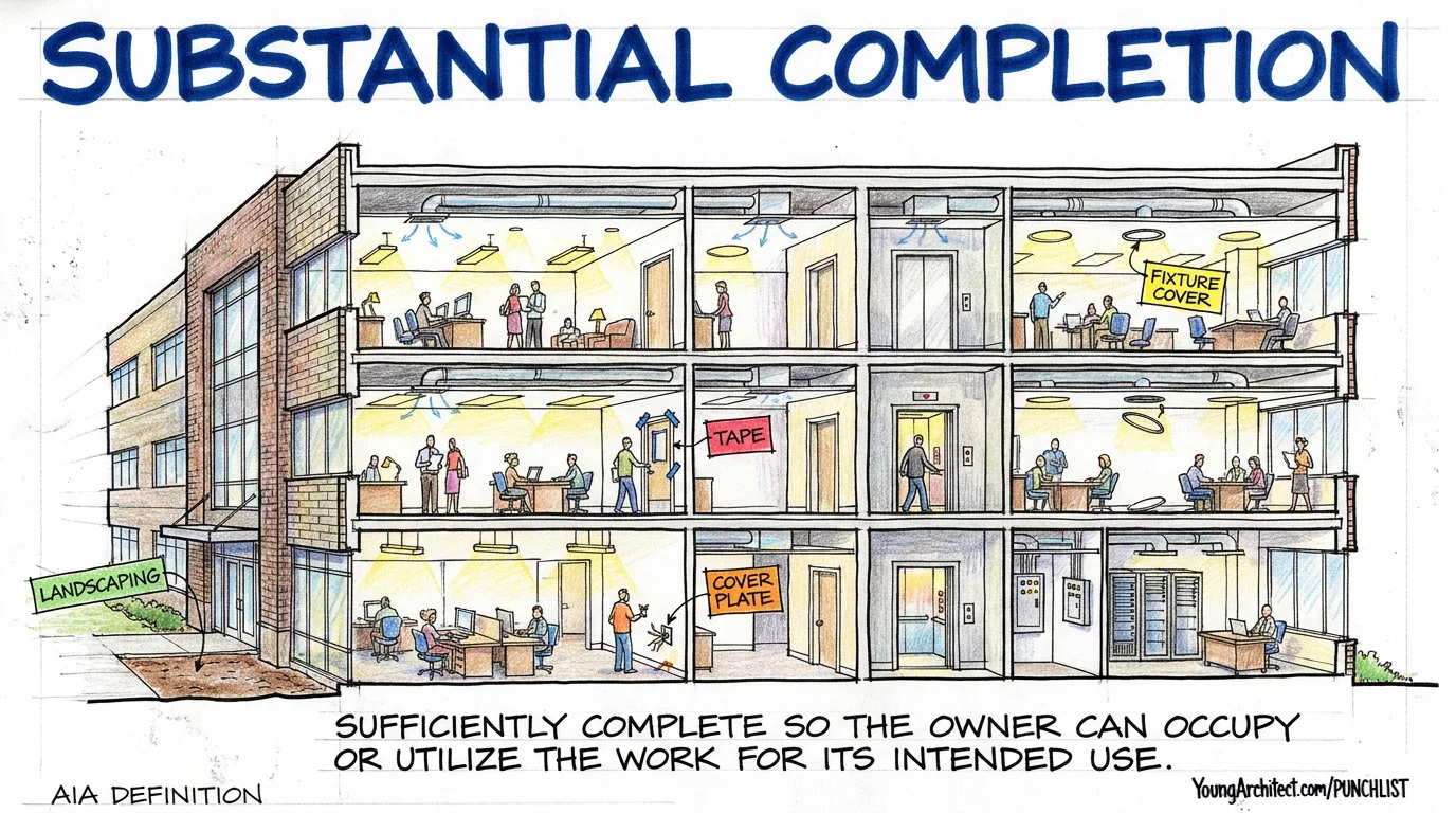 Building cutaway showing substantial completion with workers inside and minor punch list items flagged throughout