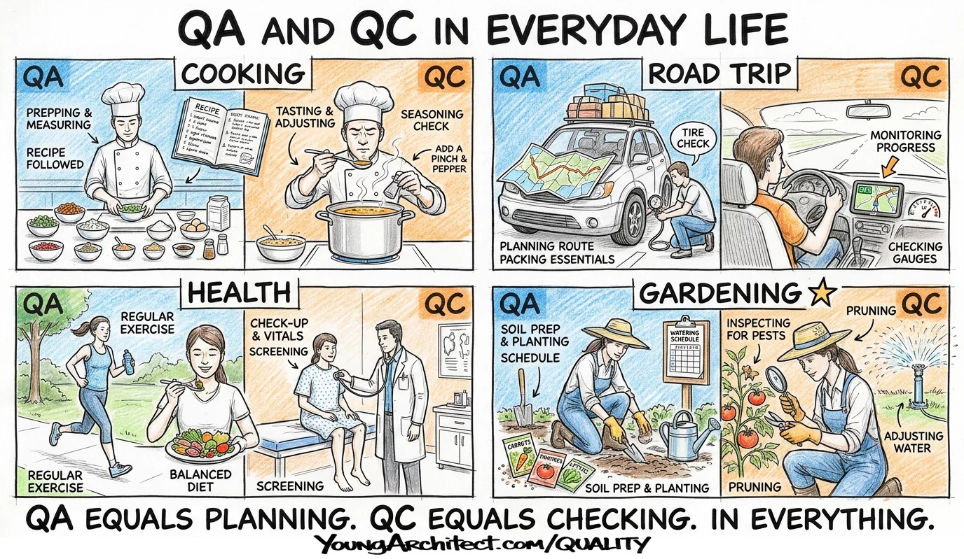 QA vs QC examples in cooking, road trips, health, and gardening