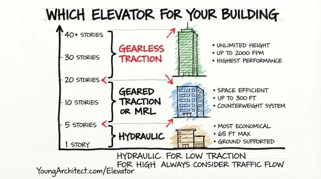 Sketch showing which types of elevators to use by building height with hydraulic elevator for 1 to 4 stories, geared traction or MRL for 5 to 20 stories, and gearless traction elevator for 20 plus stories.