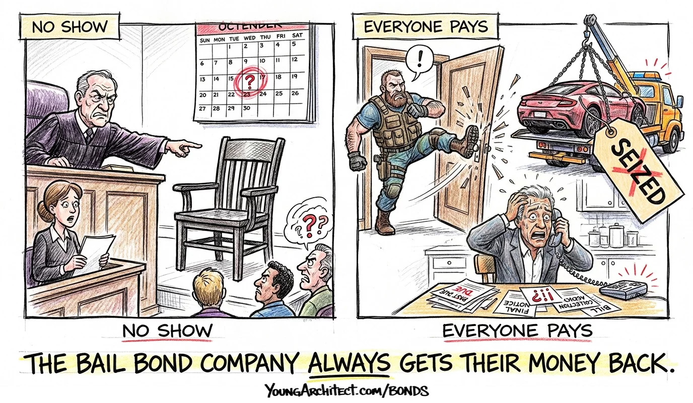 Defendant skips court and the bail bond company sends a bounty hunter and seizes the co-signer's car
