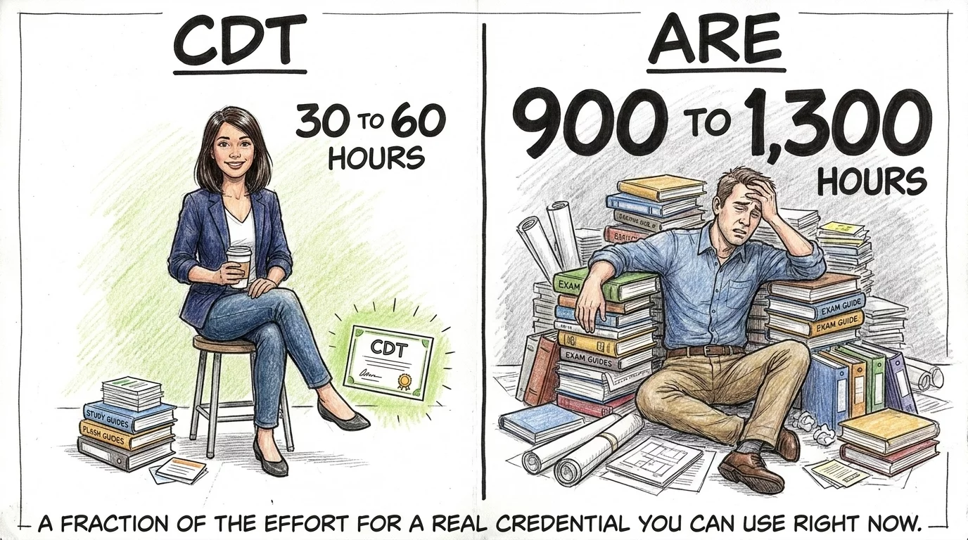 CDT certification takes 30 to 60 hours compared to 900 to 1,300 hours for the full architect exam