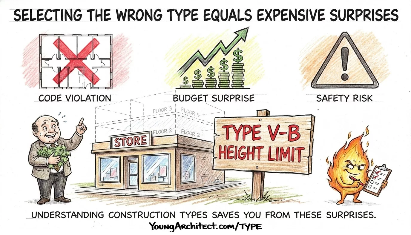 Wrong construction type causes code violations, budget surprises, and safety risks with Type V-B height limit sign