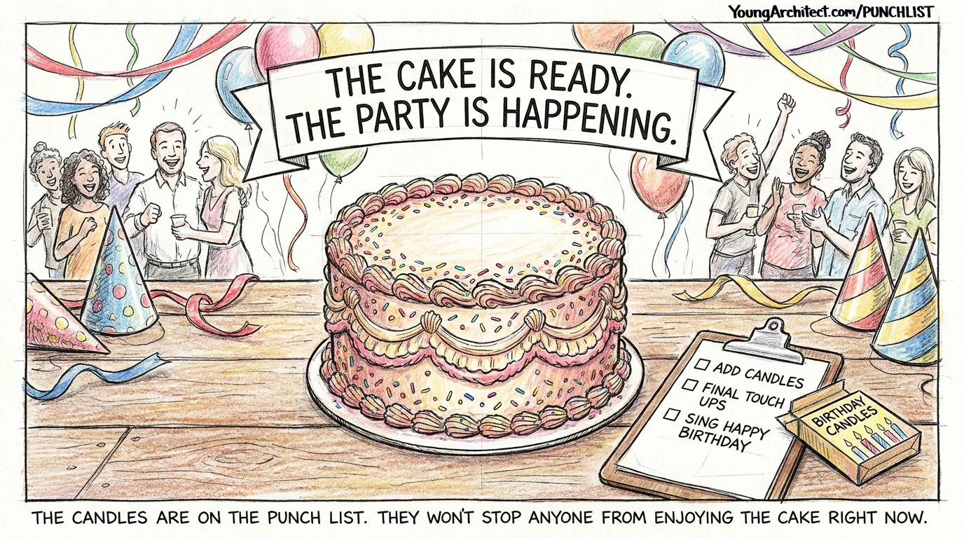 Birthday cake at a party with a punch list clipboard showing candles and final touch ups still needed