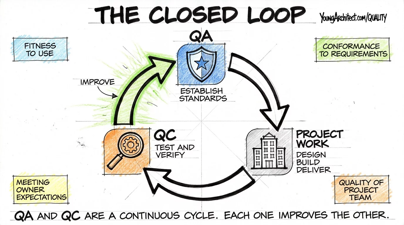 QA QC closed loop system cycling through standards, project work, and verification